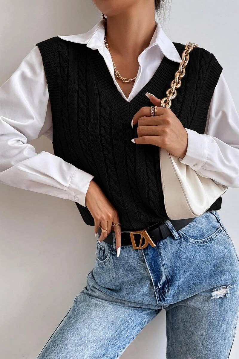 CWOV0577_V-NECK SOLID COLOR CABLE KNIT SWEATER VEST