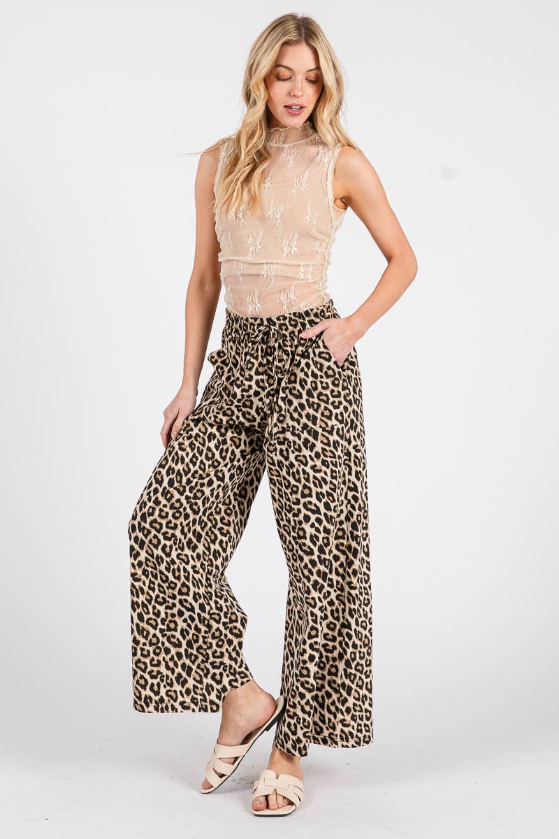 WASHED LEOPARD PRINT WIDE LEG PANTS