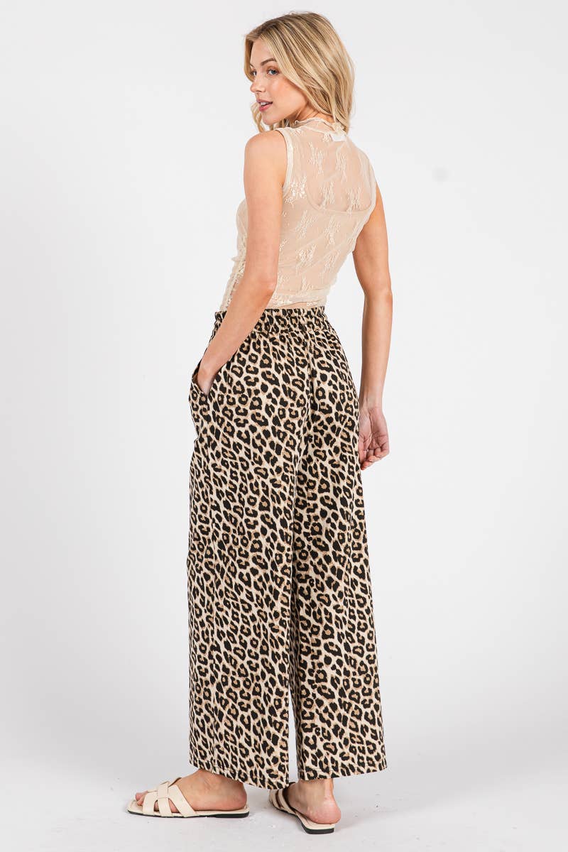 WASHED LEOPARD PRINT WIDE LEG PANTS
