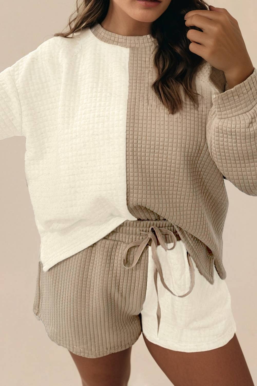 Colorblock Patchwork Textured Long Sleeve Top 2pcs Short Set