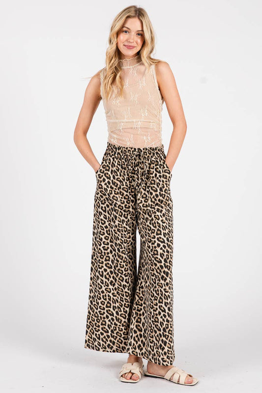 WASHED LEOPARD PRINT WIDE LEG PANTS