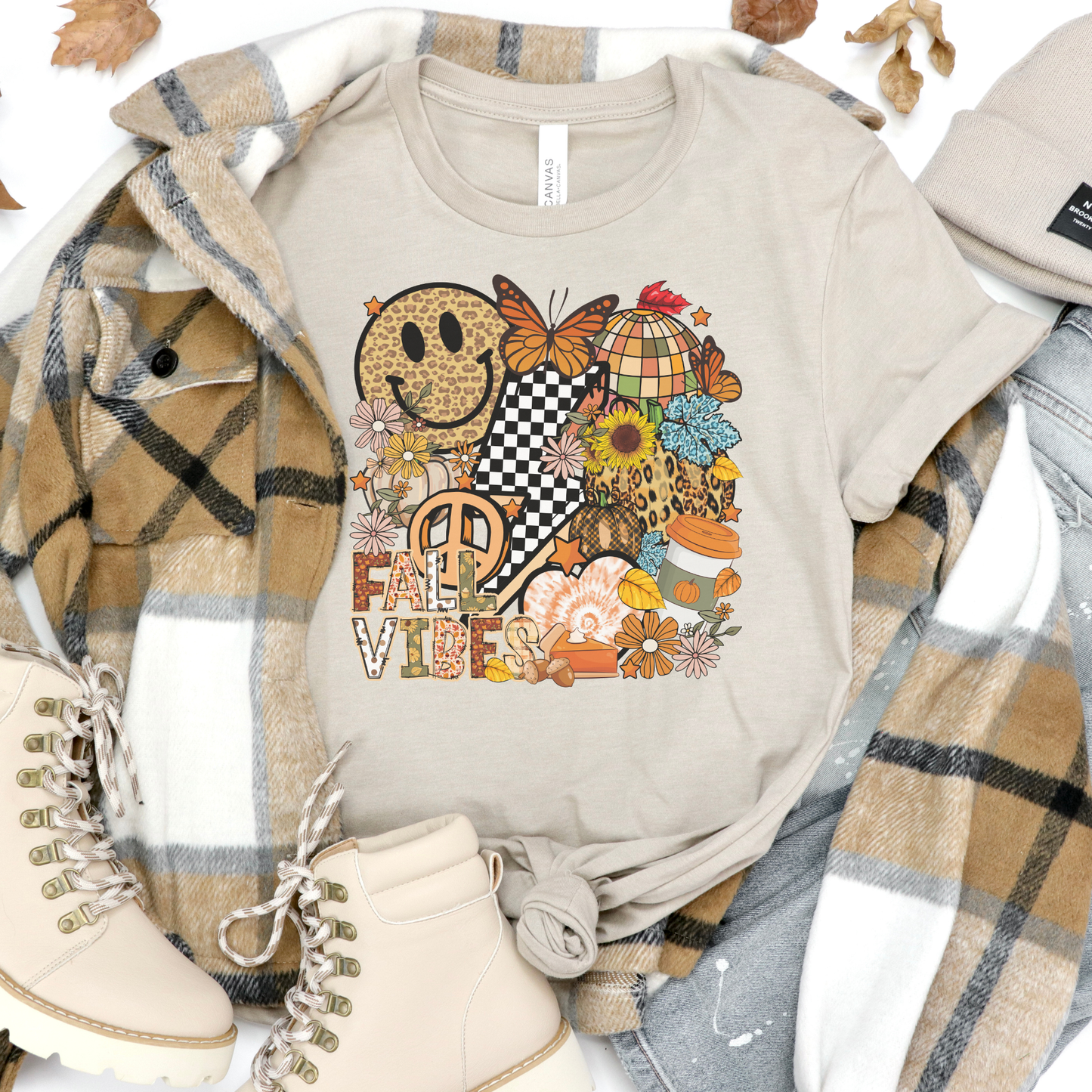 Retro Checkered Fall Vibes Fall Graphic T-Shirt