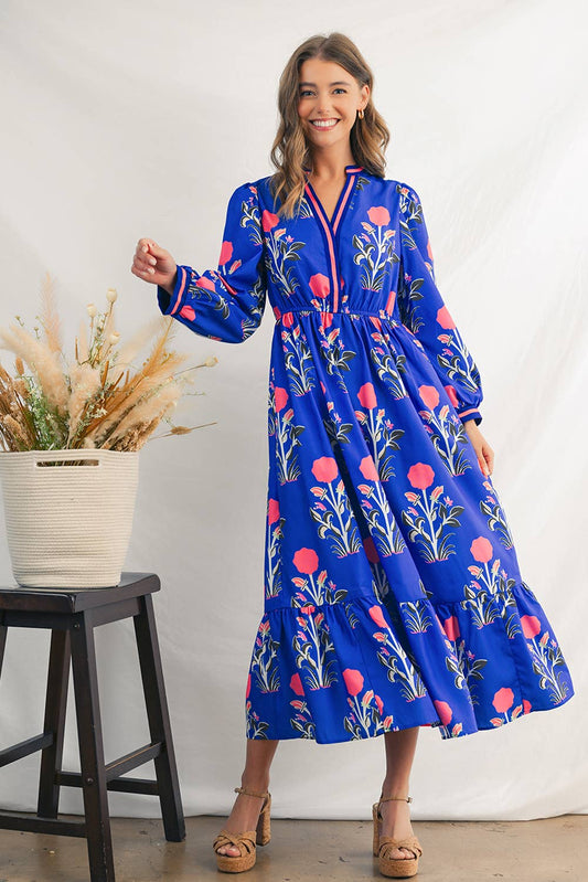 Floral  Striped Trim Long Sleeve Ruffle  Midi Dress | S-XL