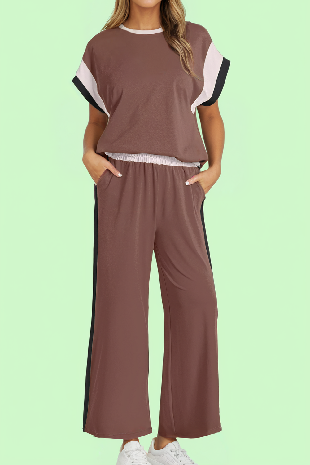 Color Block Detail Casual Two-piece Outfit