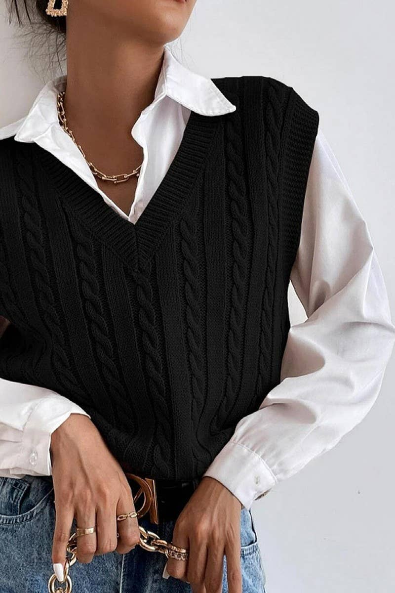 CWOV0577_V-NECK SOLID COLOR CABLE KNIT SWEATER VEST