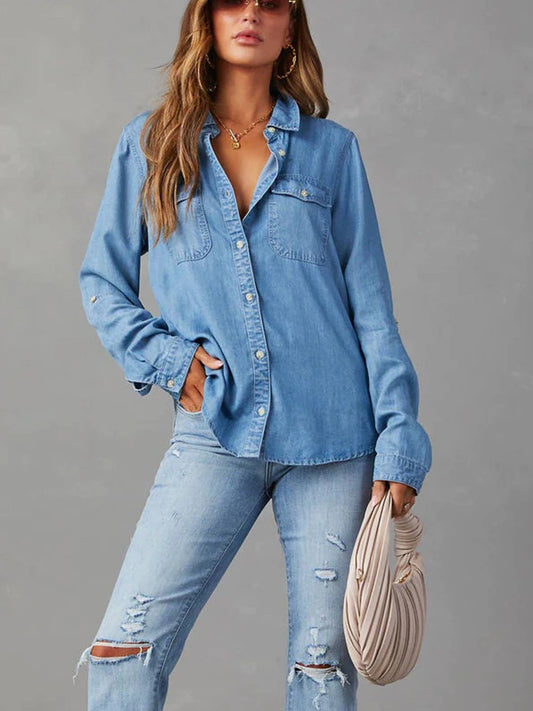 Casual Collar Button Long Sleeved Denim Top