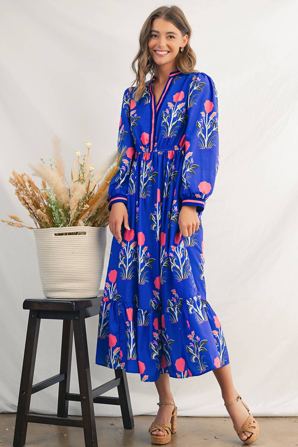 Floral  Striped Trim Long Sleeve Ruffle  Midi Dress | S-XL