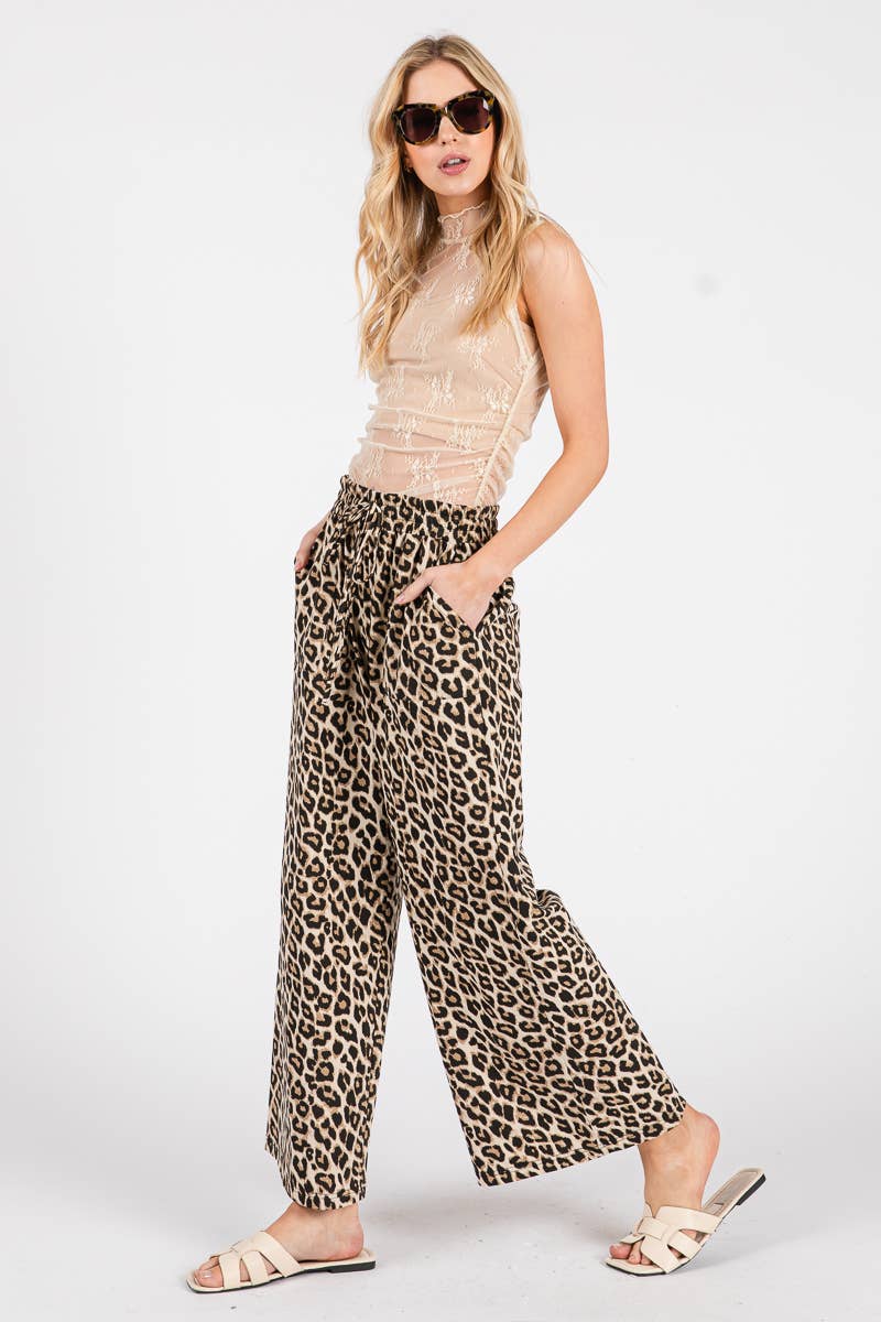 WASHED LEOPARD PRINT WIDE LEG PANTS