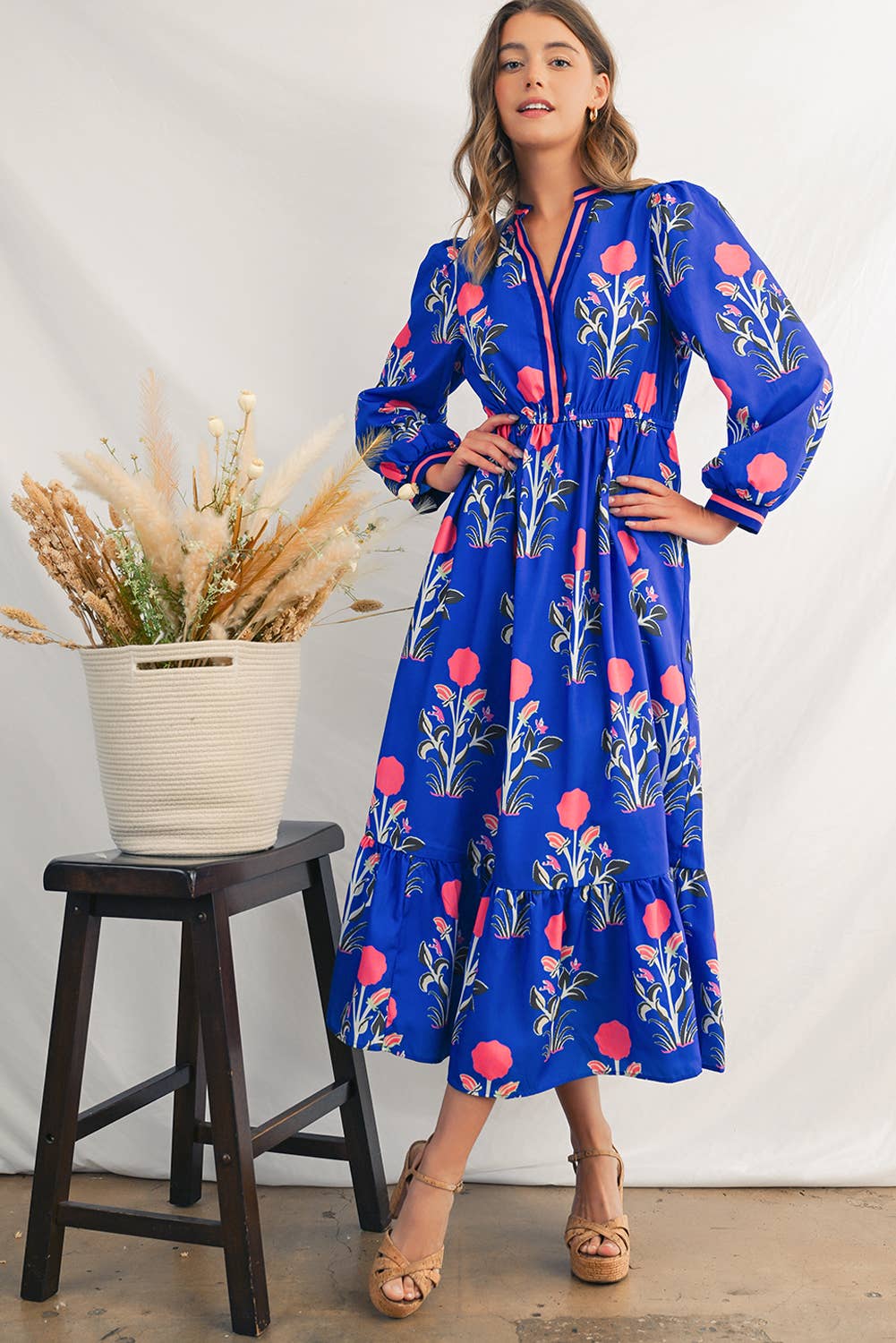 Floral  Striped Trim Long Sleeve Ruffle  Midi Dress | S-XL