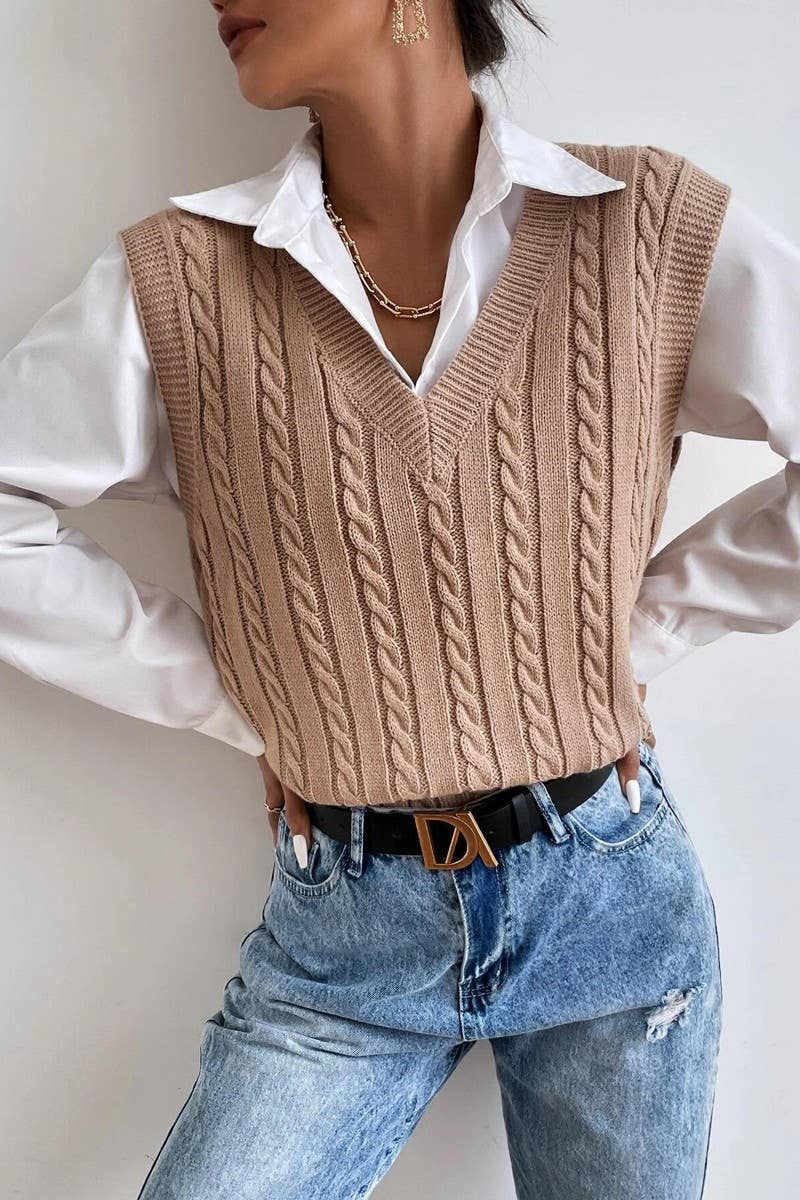CWOV0577_V-NECK SOLID COLOR CABLE KNIT SWEATER VEST