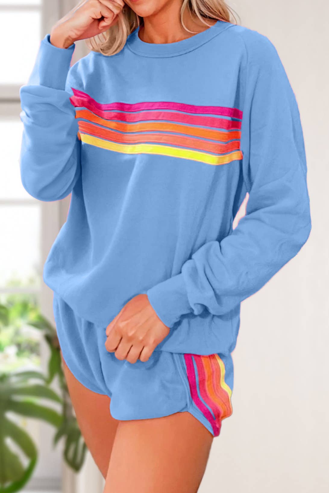 Colorful Striped Long Sleeve Top and Shorts Set | S-3XL