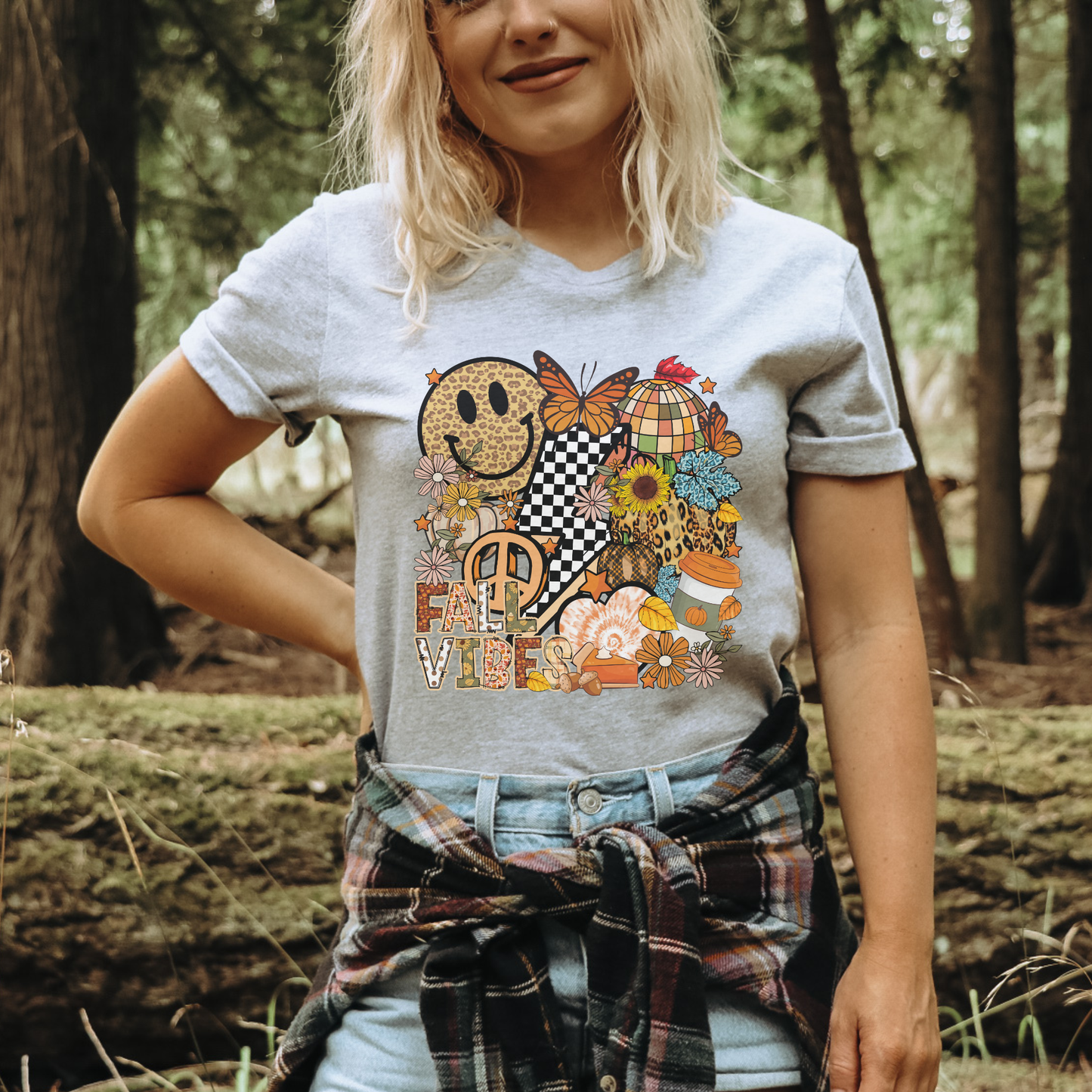 Retro Checkered Fall Vibes Fall Graphic T-Shirt