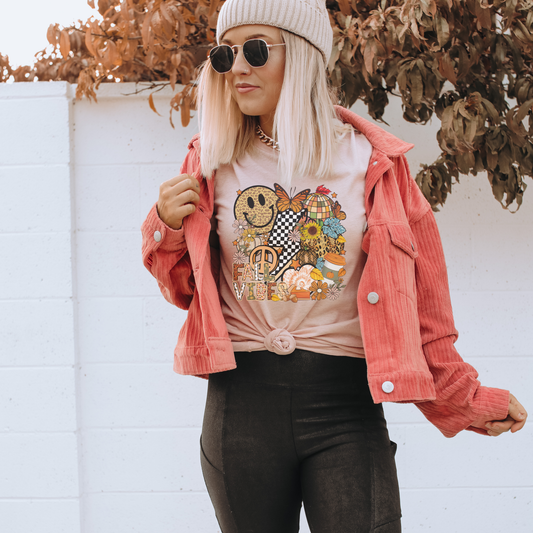 Retro Checkered Fall Vibes Fall Graphic T-Shirt