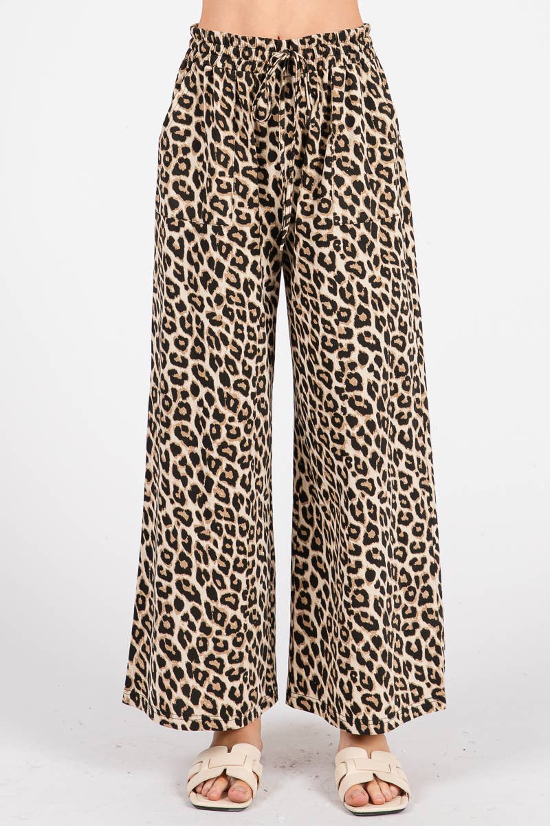 WASHED LEOPARD PRINT WIDE LEG PANTS