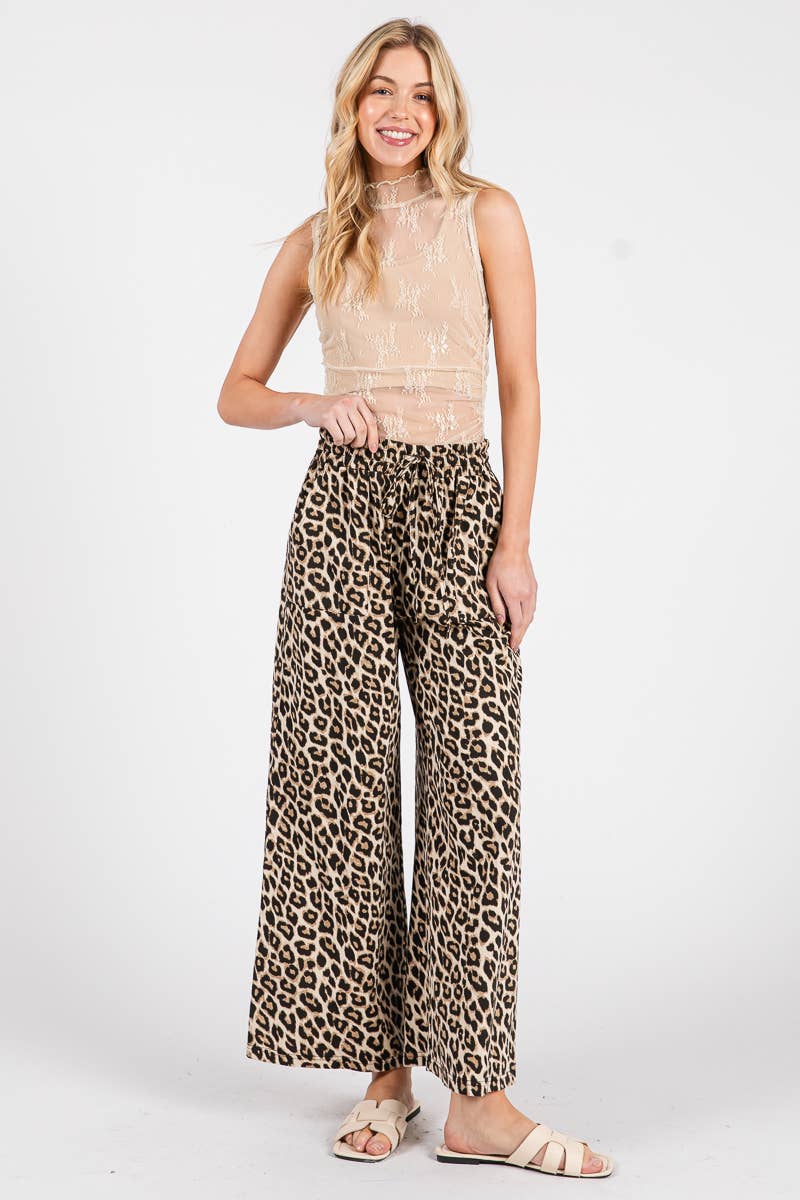 WASHED LEOPARD PRINT WIDE LEG PANTS