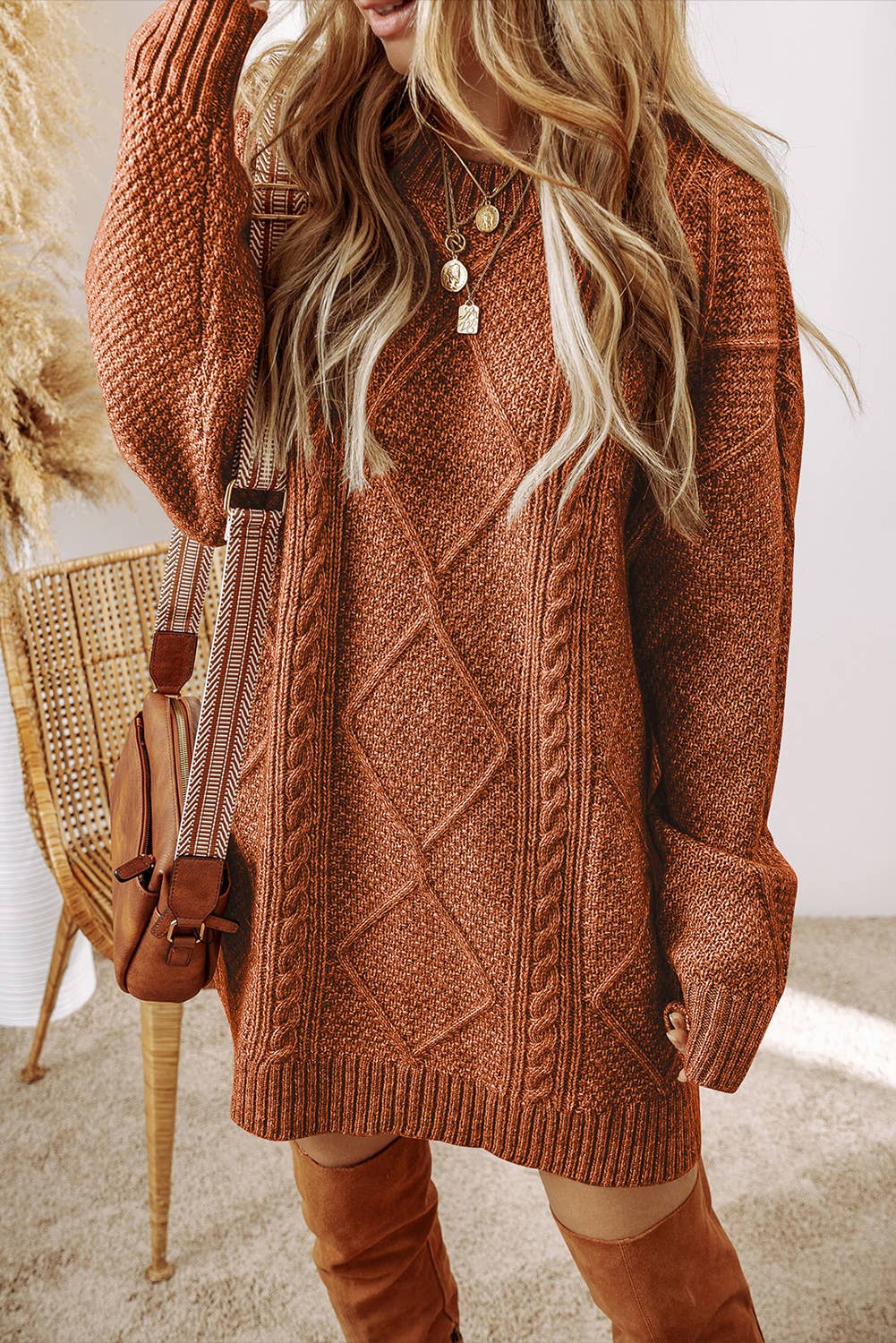 Grace Cable Knit Loose Fit Knit Sweater Dress | S-3XL
