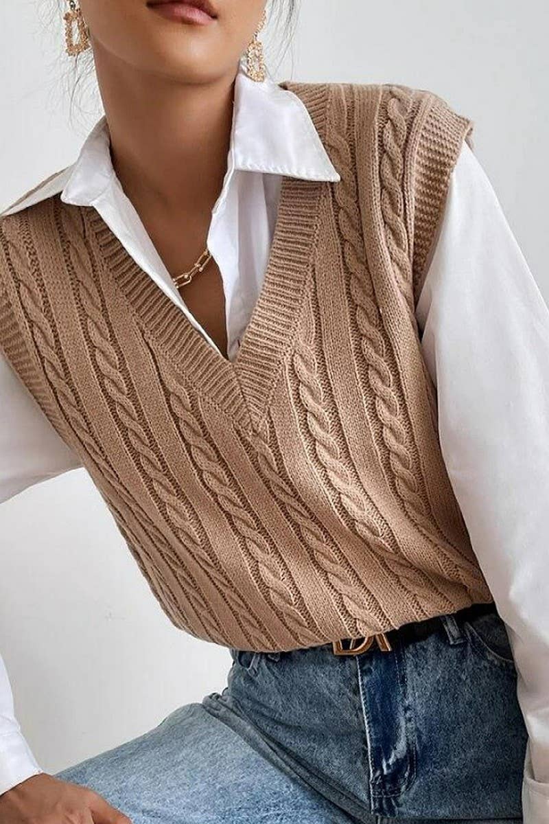 CWOV0577_V-NECK SOLID COLOR CABLE KNIT SWEATER VEST